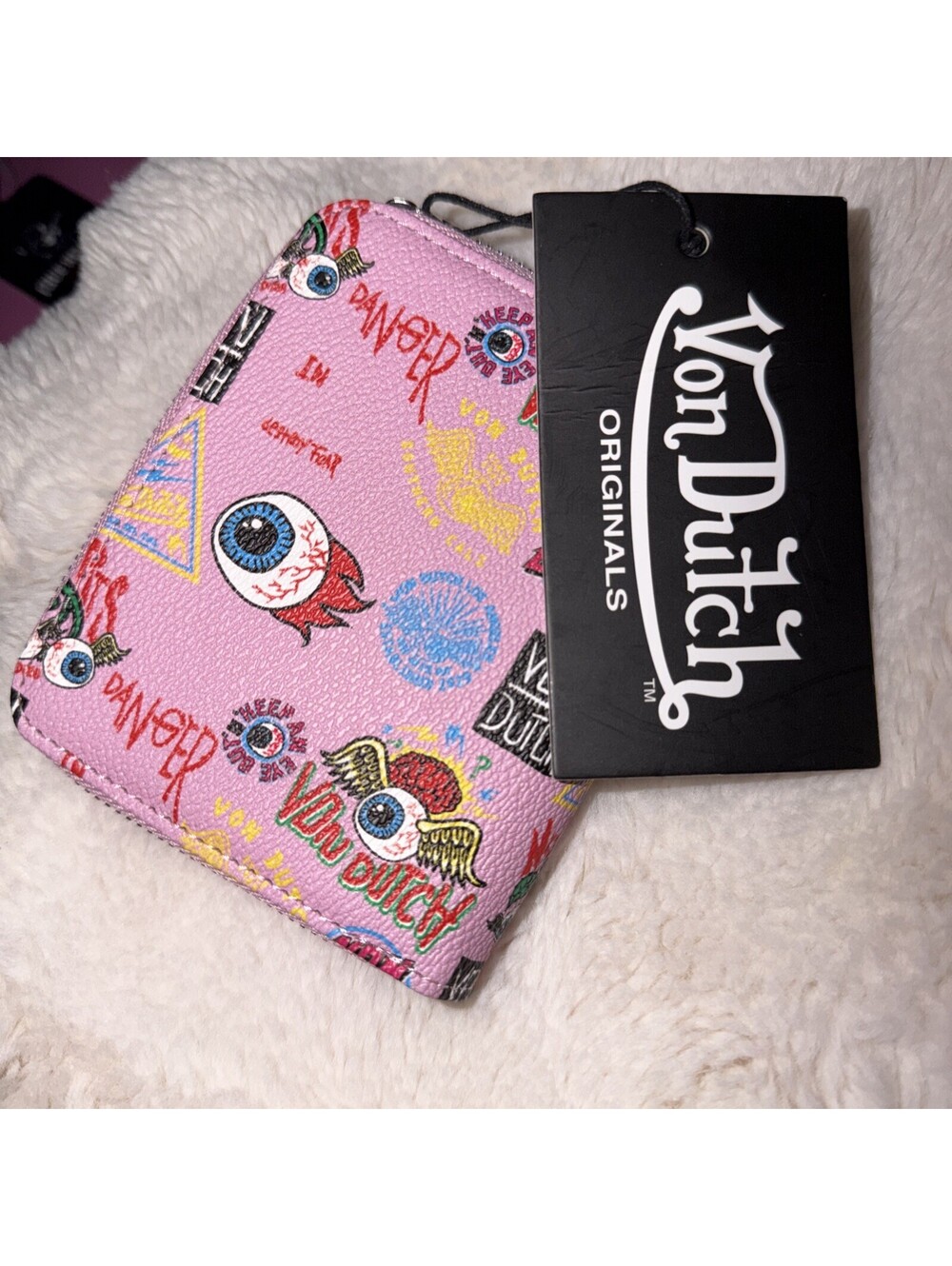 VON DUTCH Hot PINK Faux LEATHER Logo JAX Flying EYEBALL Small BIFOLD Wallet NWT